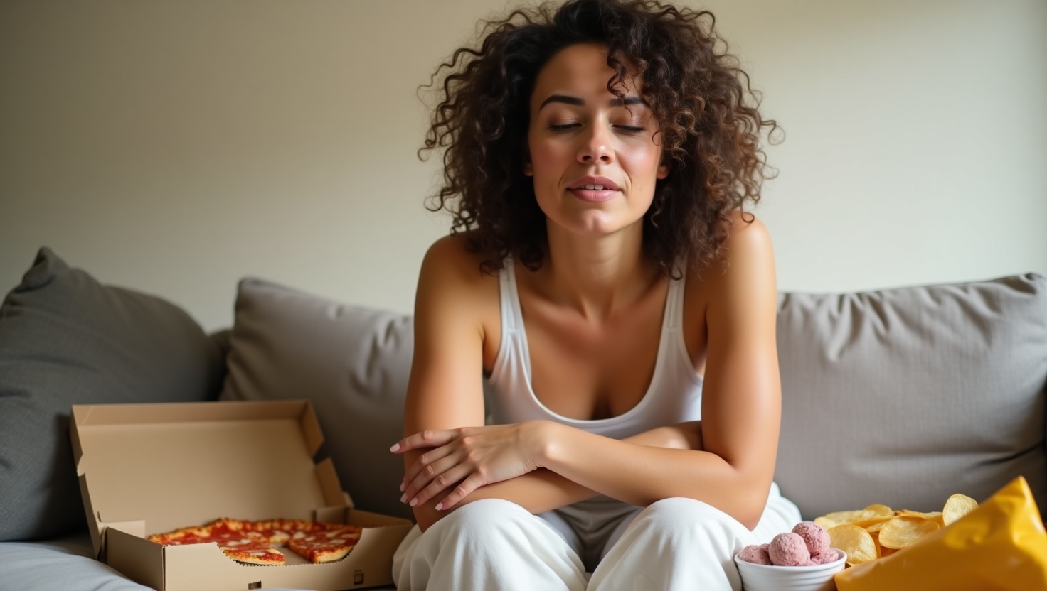 A warm and inviting photograph depicting a person, likely a woman in her mid-30s with a relatable expression, sitting comfortably on a couch with a few comfort foods scattered around her, such as a half-eaten pizza box, an empty ice cream container, and a bag of chips, conveying a sense of emotional struggle, yet also a hint of self-awareness and determination to overcome emotional eating habits.