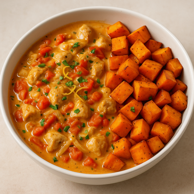 Creamy Coconut Chicken Stew with Roasted Sweet Potatoes