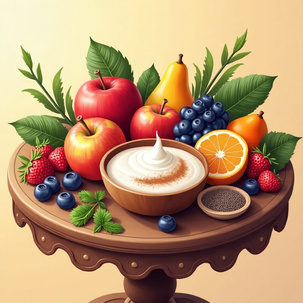whole fruits such as apples, berries, and citrus, alongside a small bowl of creamy kefir with a sprinkle of cinnamon, and a small dish of chia seeds.