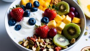 Gut friendly breakfast bowl. loving whole fruit meals like kefir with mixed beries, mixed whole fruits, mixed nuts and seeds
