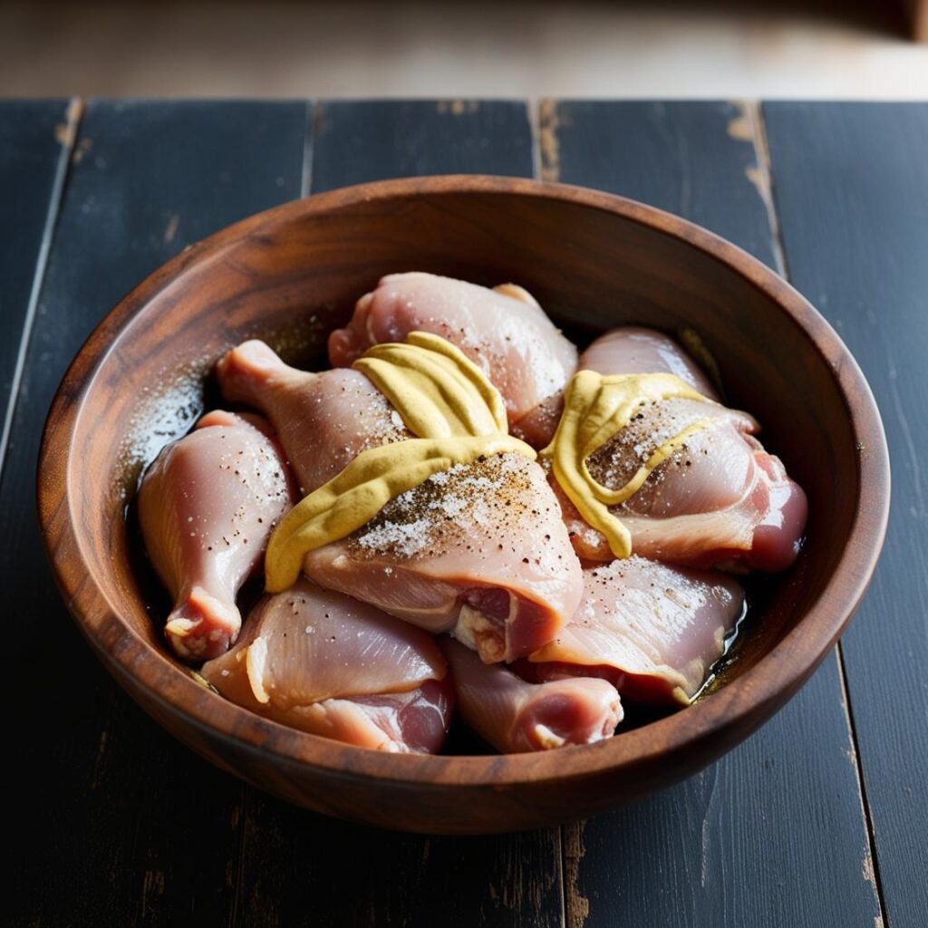 salt, black pepper, dijon mustard to marinate chicken in a bowl