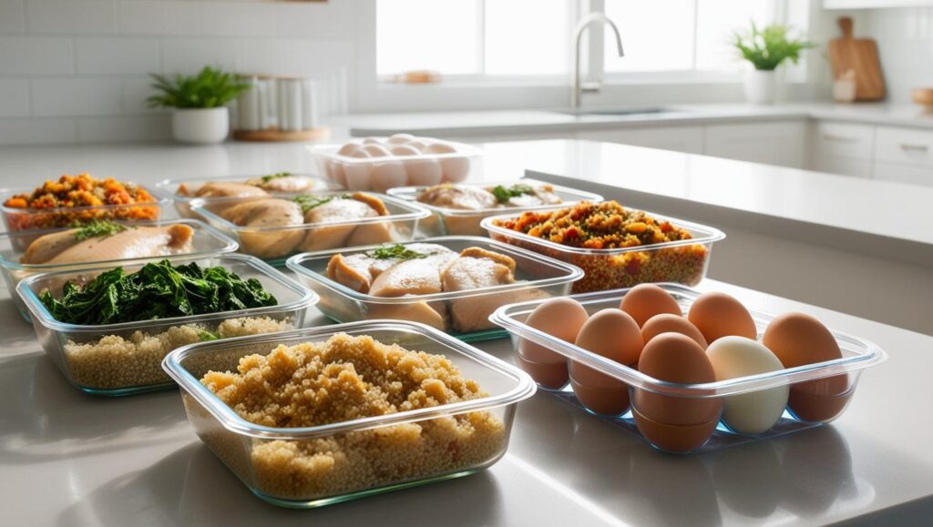 set featured image for a blog post on Batch prep: Cook proteins and carbs ahead (e.g., quinoa, chicken, boiled eggs). (realistic image)