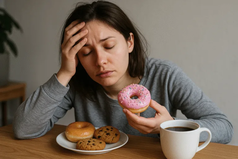 Woman in gray sweatshirt looking distressed while holding a pink frosted donut with sprinkles, with her other hand on her forehead.