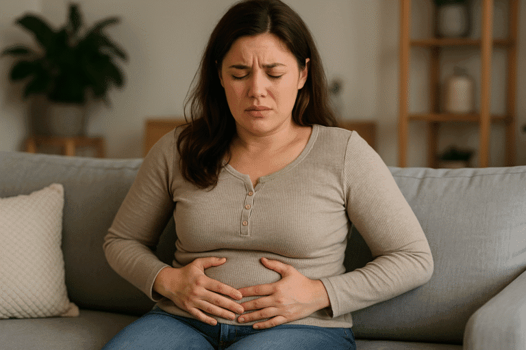 Woman sitting with both hands on lower thummy