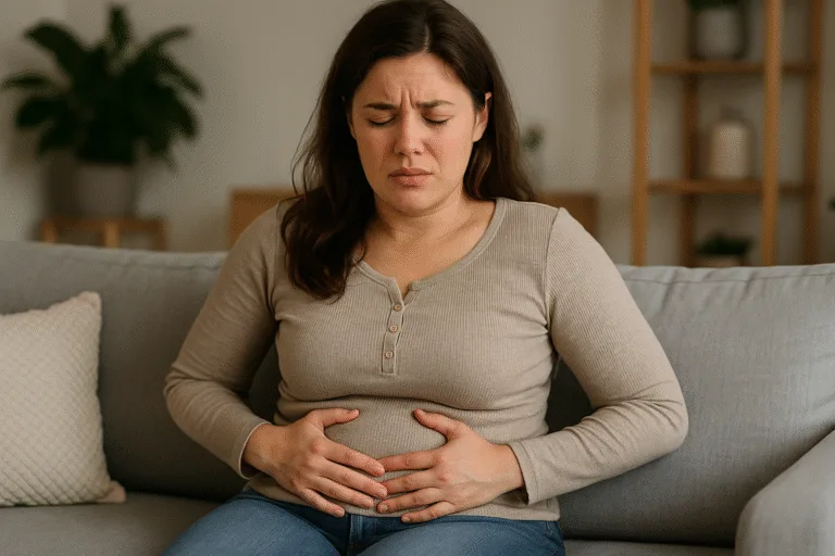 Woman sitting with both hands on lower thummy