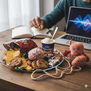 stress snacking with junk food on a desk while working — showing the gut–mood connection and cravings during stress
