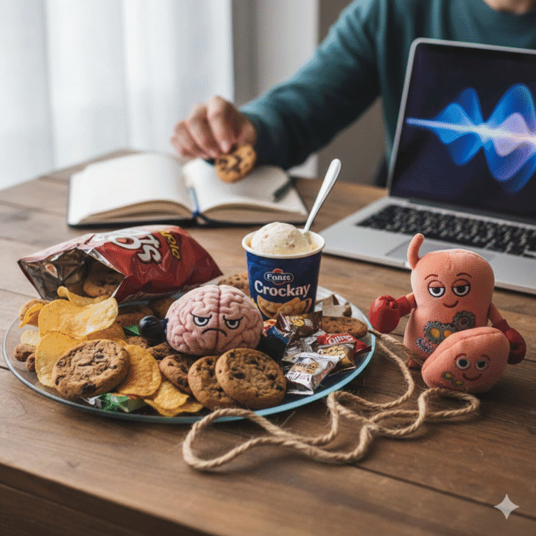stress snacking with junk food on a desk while working — showing the gut–mood connection and cravings during stress