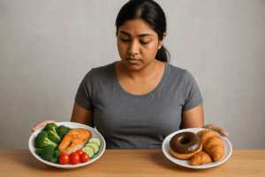 Woman holding on her right hand a healthy food plate and on the left an unhealthy food plate