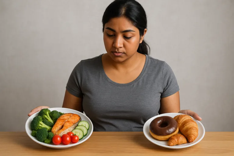 Woman holding on her right hand a healthy food plate and on the left an unhealthy food plate