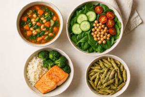 four different bowls with gut friendly meals