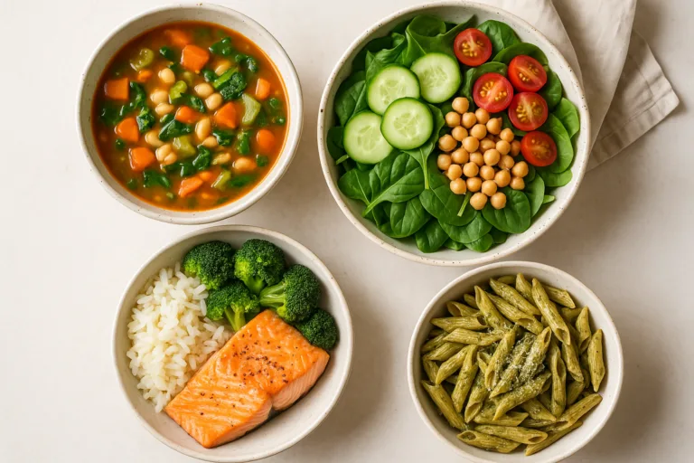 four different bowls with gut friendly meals