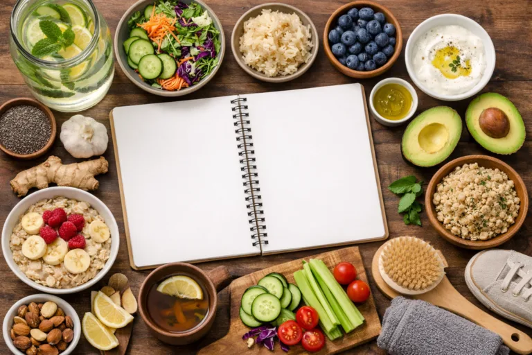 White book, surrounded by healthy meals