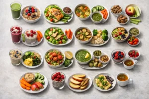 multiple plates with healthy clean eating foods and smoothies