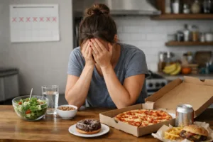 Woman with hands covering face due to failure on table with both healthy and unhealthy foods