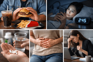Five different images of five bad habits that ruin your gut